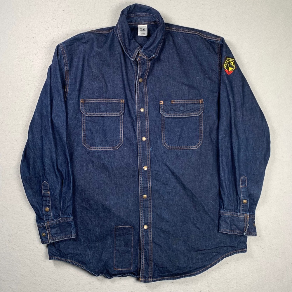 Black Stallion FR Denim Work Shirt Mens Large Blue Flame Resistant Snaps Welding